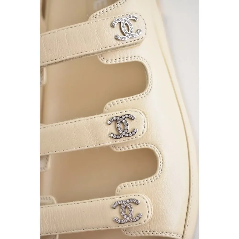 Chanel 24S Beige Leather Triple Strap CC Logo Mule Slide Teva Dad Sandal Flat 41